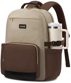 LOVEVOOK Laptop Backpack for Women with Pouch Pocket for Large Capacity Cup,15.6 Inch Teacher Nurse College Work Backpack Purse,Waterproof Laptop Bag Computer Back Pack for Travel, Khaki-Coffee-Black