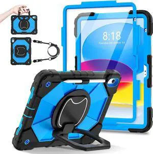 Case for iPad (A16) 11th/10th Generation 2025/2022 (11/10.9 Inch) with HD Screen Protector, Shoulder Strap, Heavy Duty Shockproof, Pencil Holder/Rotating Stand (Black-Blue)
