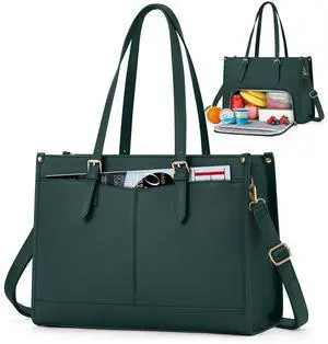 RAINSMORE Lunch Tote Bag for Women 15.6 Inch Laptop Bags with Insulated Lunch Compartment Large Leather Quilted Computer Tote for Teacher Nurse Work Collage Casual Green