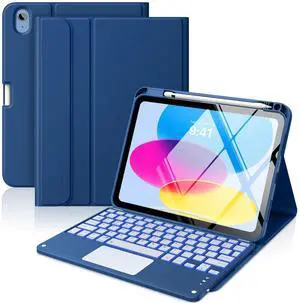MoKo Touch Keyboard Case for iPad (A16) 11th Generation 11 inch 2025, iPad 10th Generation 10.9 inch Case with Pencil Holder, 7 Colors Backlit Multi-TrackPad Detachable Bluetooth Keyboard, Navy Blue