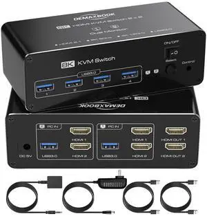 DEMEXBOOK HDMI KVM Switch 2 Monitors 2 Computers 8K@60Hz 4K@120Hz, with 4 USB 3.0 Ports for 2 Computers Sharing 2 Monitors, Extended/Copy Mode, with Power Adapter,Includes Remote & 2 USB Cables