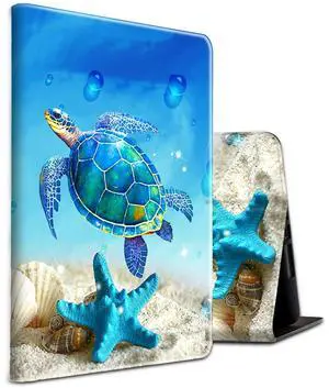 Fire HD 10 Tablet Case 10.1" (2019/2017/2015 Release) Shockproof Slim PU Leather Cover with Auto Sleep/Wake for All-New Amazon Kindle Fire 10 (9th / 7th / 5th Generation),Sea Turtle and Starfish