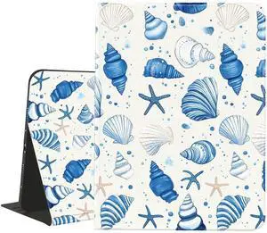 AdorableWhimsy Blue Seashell Conch Case for iPad 9th/7th/8th Generation(2021/2020/2019, 10.2 Inch) with Pencil Holder Folio Textured Leather Cover Multi-Angle Viewing Stand Case Auto Sleep/Wake