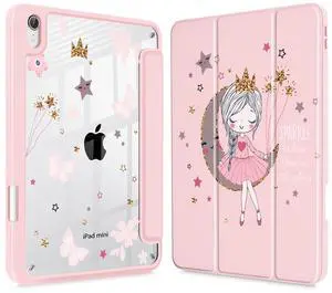 May Chen Slim Case for iPad mini 7 (A17 Pro, 7th Generation) 2024 / iPad mini 6 (6th Gen) 8.3 Inch, [Built-in Pencil Holder] Shockproof Cover Clear Clear Back Shell Auto Wake/Sleep, Romantic Girl