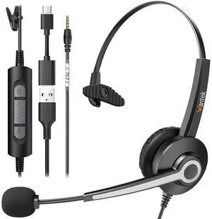 USB-A/USB C/3.5mm Jack 3-in-1 PC Headset, Wired & Noise with Noise-Cancelling Microphone for Laptop - Type-C Computer Headphones with Mic in-line Control for Home