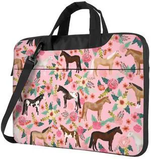 Comfy 15.6 Inch Horses Floral Horse Breeds Farm Animal Pets Flowers Laptop Sleeve Portable Laptop Shoulder Messenger Bag Briefcase Bag Case Sleeve Carrying Case For Tablet Men With Adjustable Strap