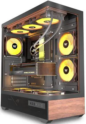KEDIERS PC CASE ATX 5 PWM ARGB Fans Pre-Installed, Mid Tower Computer Case with Full-View Tempered Glass, Type-C,Printed Walnut Wood Panels,Support 360mm Radiator,Black Gaming Case,P6