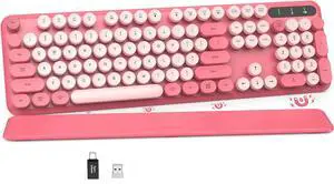 Retro Typewriter Wireless Keyboard, Pink Round Keycaps with Detachable Wrist Rest, Vintage Style Computer Cordless Keyboard, Cute Full-size for Windows/PC/Laptop (Ideal for Writer/Gamer/Office)