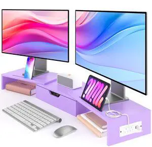 Elephance Dual Monitor Stand with USB Ports,Wood Computer Monitor Stand with Drawer,Adjustable Monitor Stand Riser,Desk Organizer for PC,Computer,Laptop,Purple Pink