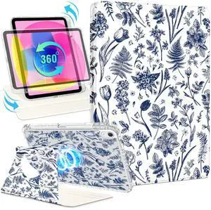 Shorogyt for iPad A16 11th Generation 11 inch 2025 /for i Pad 10th Generation case Magnetic Stand for Women - Cute Design 360 Degree Rotating Covers Girls Girly with Pencil Holder,Line Flower