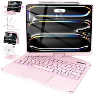 Intermerge for iPad Pro 13(M4,2024) Case with Keyboard Clear,360° Rotatable Multi-Touch Trackpad,7-Color Backlit Magnetic Keyboard Case with Pencil Holder and Type-C Charging - Pink