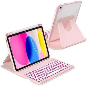 MMK for iPad A16 Case with Keyboard (2025), 7 Color Backlight | Removable keypad with Pencil Holder | 360 Degree | Rotating for iPad 10th Generation Case with Keyboard, Pink