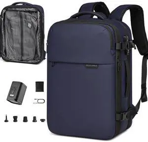 BOXFABLE Vacuum Seal Travel Backpack 45L - Expandable Air Compression System, Water-Resistant, Carry-On Suitcase Luggage with TSA Lock Fits 18" Laptop - Vacuum Pump Included (Blue)