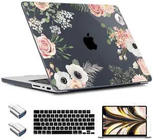 TWOLSKOO for MacBook Pro 16 inch Case M4 A3403 A3186 M3 A2991 M2 A2780 M1 A2485 (2024-2021) Pro/Max, Plastic Hard Shell & Keyboard Cover & Type C Adapter & Screen Protector, Rose Flower