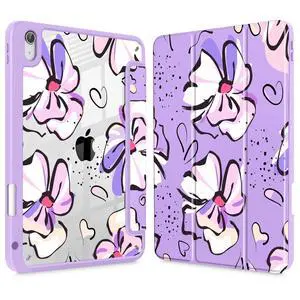 Mektron Case for 2025 iPad 11 inch (A16 Chip) 11th Gen Fit iPad 10th Gen10.9 inch 2022, Buit in Pencil Holder with Shockproof Cover Clear Shell + Trifold Stand + Auto Wake/Sleep, Flowers-Purple