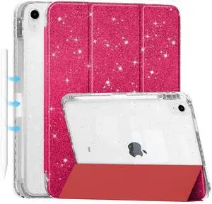 Tuiklol Sparkly Case for iPad (A16 Chip) 11th Gen 11 inch 2025 / iPad 10th Gen 10.9 inch 2022, Built in Pencil Holder with Glitter Clear Back Shell Cover Trifold Stand Auto Wake/Sleep, Sparkly-Red
