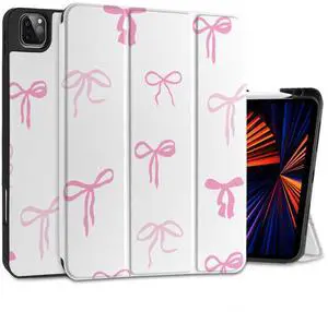 DONGKE Case for 2022/2021/2020/2018 iPad Pro 11 inch Gen 4/3/2/1 - Slim Protective Case - Built in Pencil Holder Support Charging - Trifold Stand & Sleep/Wake Cover - Pink Bows