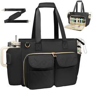 Covkev Teacher Tote Bag with 15.6 Inch Laptop Compartment, Soft Nylon Teacher Utility Bag with Multiple Pocket& Shoulder Strap, Large Work Tote Bag for Office& Teacher Supplies Organizer Women (Black)