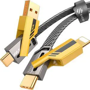 SHEZI [Upgraded 2.0] 4-in-1 USB C Cable 60W 5FT Compatible with Lightning Cable [Fast Charging & Data Transfer] Flat Braided Multi Charger Cord Combo with L/USB C/A Port for iPhone/iPad & All Devices