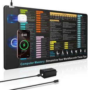 Wireless Charging Mouse Pad with Excel Formulas Shortcuts, 31.5"x15.8" Extra Large Office Spreadsheet Cheat Sheet Desk Mat, Waterproof Ultra-Smooth Surface, Non-Slip Base