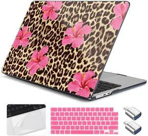 Yebiseven for MacBook Air 13.6 Inch M4/M3/M2 Case 2025 2024 2023 2022 Released A3240/A3113/A2681, Laptop Hard Shell Case with Keyboard Cover & Trackpad Protector & 2 OTG Adapters, Leopard Flowers