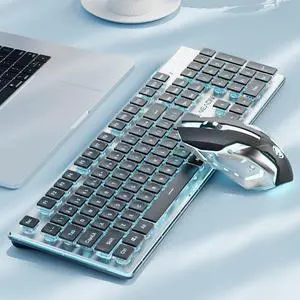 SEUNKWANG EWEADN V3 Wireless Keyboard and Mouse with Blue Backlit, Metal Panel, Bluetooth/2.4G Rechargeable Computer Keyboard and Mouse Combo Silent Lighted Full Size Cordless Keyboards-Black