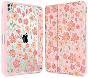 May Chen for iPad Pro 13 Inch Case M5 2025 / M4 2024, Built Pencil Holder & Clear Transparent Print Back Shell Slim Stand Shockproof Tablet Cover, Auto Wake/Sleep, Pink Small Flowers