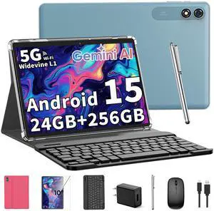 2025 Tablet, 10 inch Android 15 Tablet with Keyboard, 24GB+256GB+2TB Expandable Tablets, 2 in 1 Tablets with Keyboard Case Mouse Stylus, 8-core, 8000mAh, 5G WiFi, Split Screen, Widevine L1, GMS (Pink)