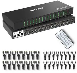 MT-VIKI 16 Port KVM Switch HDMI 4K@60Hz w/IR Remote, Support Keyboard Hotkey Switch 1U Rack Mount KVM HDMI with 3.5mm Audio, 16 Pack Cables Included (Industrial Grade)