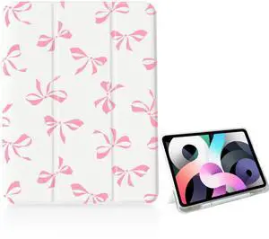 Girly Pink Bow Tie Case for iPad 11 inch (A16 Chip) 2025 Generation 11th/iPad 10.9 inch 2022 10th Gen with Pencil Holder and Auto Sleep/Wake,White Leather Soft TPU Back Shell Stand Cover