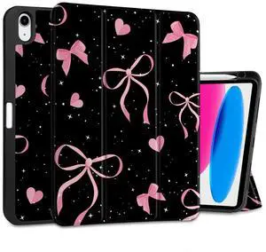 MEEgoodo Case for iPad A16 11th Generation 11 inch 2025/iPad 10th Generation 10.9 inch 2022, Tablet Cover with Trifold Stand + Pencil Holder + Auto Wake/Sleep + Soft TPU Back Cover, Pink Ribbons Bows