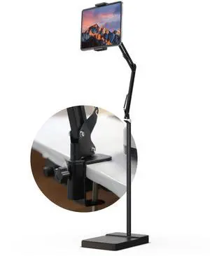 2-in-1 Tablet Floor Stand with Tablet Stand for Desk  Stable 8lb Base with Stretchable Arm for Bed, Couch, or Desk Compatible with iPads, Galaxy Tabs, Surface Pro, Phones & E-Readers (4.7"12.9")