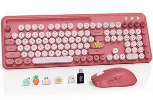 Wireless Keyboard and Mouse Combo, Retro Round Keycaps, Full-Size Stylish Typewriter Keyboard with Large Phone/Tablet Holder, 3-Level DPI Ergonomic Mouse, 2.4GHz Cordless for Windows PC, Rose P Wireless Keyboard and Mouse Combo, Retro Round Keycaps, Full-Size Stylish Typewriter Keyboard with Large Phone/Tablet Holder, 3-Level DPI Ergonomic Mouse, 2.4GHz Cordless for Windows PC, Rose P