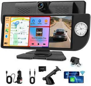 Wireless Carplay Screen for Car - 10.26 Inch Apple Car Play & Android Auto Car Stereo Portable Carplay Touchscreen with Built-in Clock, 4K Dash Cam, 1080P Backup Camera (Front&Rear Camera, Whit Wireless Carplay Screen for Car - 10.26 Inch Apple Car Play & Android Auto Car Stereo Portable Carplay Touchscreen with Built-in Clock, 4K Dash Cam, 1080P Backup Camera (Front&Rear Camera, Whit