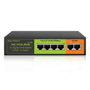 6-Port Gigabit PoE+ Switch, 4 PoE+ Ports & 2 Gigabit Uplink, 65W Total Power, 30W Per Port, IEEE 802.3af/at, Unmanaged Fanless Metal Housing, Desktop/Wall Mount for IP Cameras, AP & Home Office 6-Port Gigabit PoE+ Switch, 4 PoE+ Ports & 2 Gigabit Uplink, 65W Total Power, 30W Per Port, IEEE 802.3af/at, Unmanaged Fanless Metal Housing, Desktop/Wall Mount for IP Cameras, AP & Home Office
