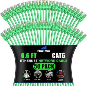Maximm Cat6 Ethernet Cable 0.6 Ft Green (50-Pack), 10Gbps 550MHz UTP Cord Maximm Cat6 Ethernet Cable 0.6 Ft Green (50-Pack), 10Gbps 550MHz UTP Cord