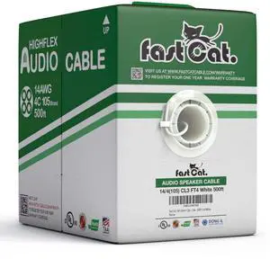 fast Cat. Speaker Wire 14 Guage 4C, UL Listed & CMR/CL3R-FT4 Rated - Speaker Cable w/PVC Jacket, 100% Oxygen-Free Pure Bare Copper - (105) HighFlex 14 Guage Wire - in-Wall Use-500ft Bulk Cable, White fast Cat. Speaker Wire 14 Guage 4C, UL Listed & CMR/CL3R-FT4 Rated - Speaker Cable w/PVC Jacket, 100% Oxygen-Free Pure Bare Copper - (105) HighFlex 14 Guage Wire - in-Wall Use-500ft Bulk Cable, White