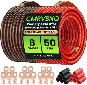CMRVBNQ 8 Gauge Battery Cable CCA Wire Kit, 50FT Each Red Black with Terminals Heat Shrink Tubes Low Voltage Primary Automotive Power Ground Cable for Car Audio Amp Subwoofer RV Wiring CMRVBNQ 8 Gauge Battery Cable CCA Wire Kit, 50FT Each Red Black with Terminals Heat Shrink Tubes Low Voltage Primary Automotive Power Ground Cable for Car Audio Amp Subwoofer RV Wiring