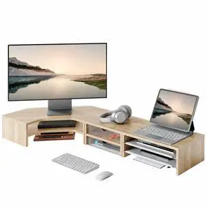 Fenge Dual Monitor Stand, 2-Tier Corner Monitor Riser with Drawer and Slide-out Tray, Triangle Desktop Shelf Organizer for Laptop Computer Printer Home Office Desk, Oak Fenge Dual Monitor Stand, 2-Tier Corner Monitor Riser with Drawer and Slide-out Tray, Triangle Desktop Shelf Organizer for Laptop Computer Printer Home Office Desk, Oak