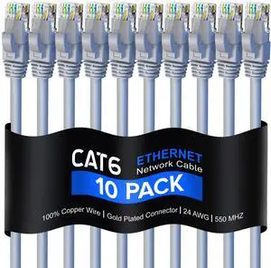 Maximm Cat 6 Ethernet Cable, 8 Ft, Gray, Round LAN Patch Cable, RJ45-10 Pack Maximm Cat 6 Ethernet Cable, 8 Ft, Gray, Round LAN Patch Cable, RJ45-10 Pack