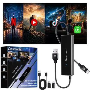 Castronix 4-in-1 Wireless CarPlay Adapter for iPhone 15/16/17 & Newer, Wired Video Streaming, Screen Mirroring, Two-Way Control & Charging, Plug & Play for Factory Wired CarPlay (Gray) Castronix 4-in-1 Wireless CarPlay Adapter for iPhone 15/16/17 & Newer, Wired Video Streaming, Screen Mirroring, Two-Way Control & Charging, Plug & Play for Factory Wired CarPlay (Gray)