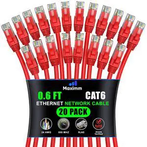 Maximm Cat6 Ethernet Cable 0.6 Ft Red (20-Pack), 10Gbps 550MHz UTP Cord Maximm Cat6 Ethernet Cable 0.6 Ft Red (20-Pack), 10Gbps 550MHz UTP Cord