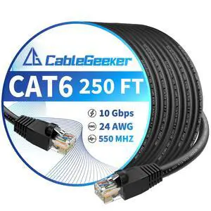 CableGeeker Cat 6 Ethernet Cable 250 ft, High Speed 10Gbps CCA Internet Network Cable, 24AWG Heavy Duty Patch Cord, UTP LAN Internet Patch Cable for Router, Modem, PS5/4, Xbox, Server, Black CableGeeker Cat 6 Ethernet Cable 250 ft, High Speed 10Gbps CCA Internet Network Cable, 24AWG Heavy Duty Patch Cord, UTP LAN Internet Patch Cable for Router, Modem, PS5/4, Xbox, Server, Black