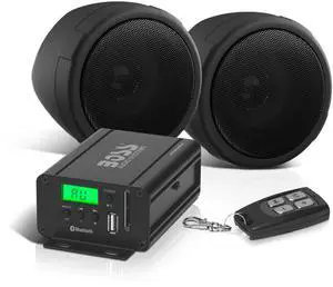 BOSS Audio Systems MCBK520B Motorcycle 3 Inch Stereo Speakers and Amplifier Audio Sound System - Bluetooth 2 Channel Amplifier, Weatherproof, FM Tuner, USB, SD, Auxiliary In, ATV UTV Compatible BOSS Audio Systems MCBK520B Motorcycle 3 Inch Stereo Speakers and Amplifier Audio Sound System - Bluetooth 2 Channel Amplifier, Weatherproof, FM Tuner, USB, SD, Auxiliary In, ATV UTV Compatible