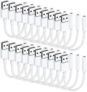 USB to 3.5mm Audio Jack Adapter (20 Pack), Audio Aux Cable External Stereo Sound Card, USB to 3.5mm TRRS Female Headset for PS5 PS4 Headphone PC Laptop Linux Desktops and More Device USB to 3.5mm Audio Jack Adapter (20 Pack), Audio Aux Cable External Stereo Sound Card, USB to 3.5mm TRRS Female Headset for PS5 PS4 Headphone PC Laptop Linux Desktops and More Device