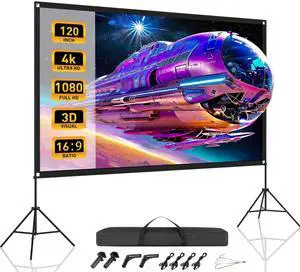 120 Inch Projector Screen with Dual Tripod Stands, 16:9 4K HD Foldable Anti-Crease Portable Outdoor Projector Screen with Stand for Movie Nights, Backyard, Indoor Home Theater, Large Projection Screen 120 Inch Projector Screen with Dual Tripod Stands, 16:9 4K HD Foldable Anti-Crease Portable Outdoor Projector Screen with Stand for Movie Nights, Backyard, Indoor Home Theater, Large Projection Screen