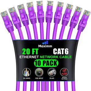 Maximm Cat6 Ethernet Cable 20 Ft Purple (10-Pack), 10Gbps 550MHz UTP Cord Maximm Cat6 Ethernet Cable 20 Ft Purple (10-Pack), 10Gbps 550MHz UTP Cord