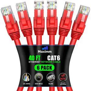 Maximm Cat6 Ethernet Cable 40 Ft Red (6-Pack), 10Gbps 550MHz UTP Cord Maximm Cat6 Ethernet Cable 40 Ft Red (6-Pack), 10Gbps 550MHz UTP Cord