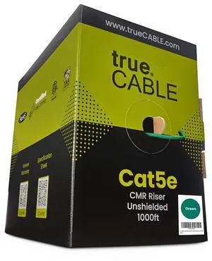 trueCABLE Cat5e Riser (CMR), 1000ft, Green, 24AWG 4 Pair Solid Bare Copper, 350MHz, PoE++ (4PPoE), ETL Listed, Unshielded Twisted Pair (UTP), Bulk Ethernet Cable trueCABLE Cat5e Riser (CMR), 1000ft, Green, 24AWG 4 Pair Solid Bare Copper, 350MHz, PoE++ (4PPoE), ETL Listed, Unshielded Twisted Pair (UTP), Bulk Ethernet Cable