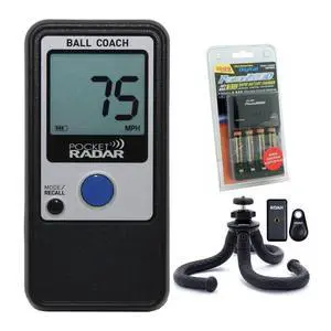 Pocket Radar Ball Coach Pro-Level Speed Training Tool and Radar Gun Bundle with Rapid Charger with Four Rechargeable Batteries, Waterproof Tripod with Bluetooth (3 Items) Pocket Radar Ball Coach Pro-Level Speed Training Tool and Radar Gun Bundle with Rapid Charger with Four Rechargeable Batteries, Waterproof Tripod with Bluetooth (3 Items)